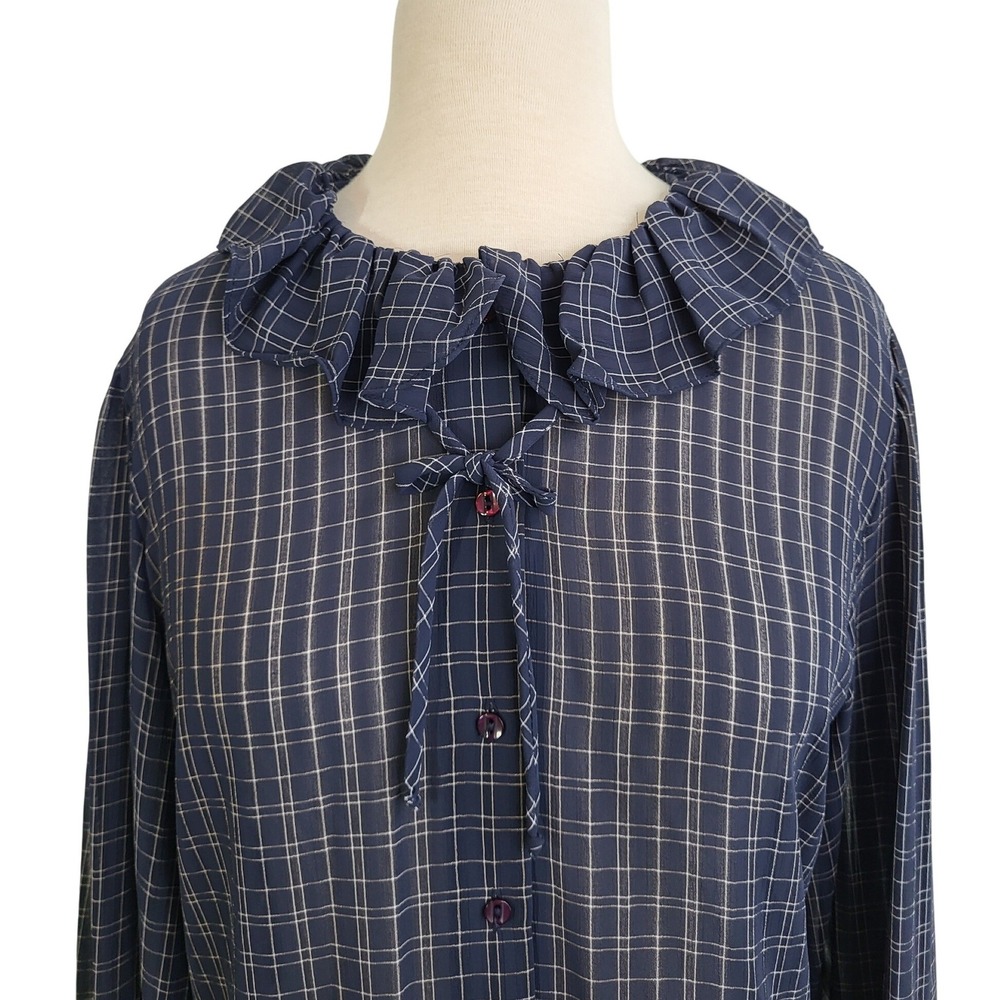 VTG Check Ruffle Tie Neck Secretary Blouse Large Button Front Office Siren NEW